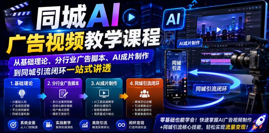 同城AI广告视频教学课程，从基础理论、分行业广告脚本、AI成片制作到同城引流闭环一站式讲透