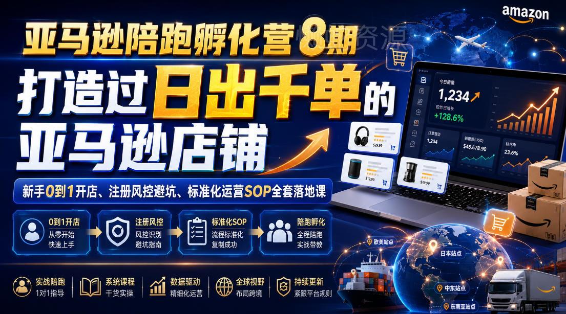 亚马逊陪跑孵化营8期，打造过日出千单的亚马逊店铺，新手0到1开店、注册风控避坑、标准化运营SOP全套落地课