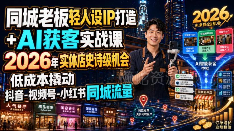 同城老板轻人设IP打造+AI获客实战课,2026年实体店史诗级机会,低成本撬动抖音-视频号-小红书同城流量