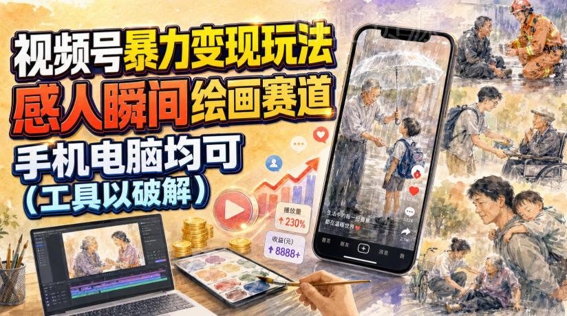 视频号暴力变现玩法,感人瞬间绘画赛道,手机电脑均可