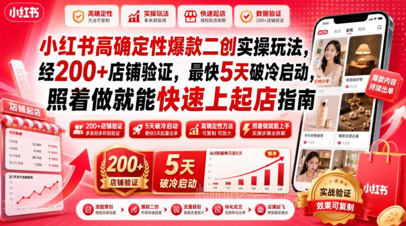 小红书高确定性爆款二创实操玩法,经200+店铺验证,最快5天破冷启动,照着做就能快速上起店指南