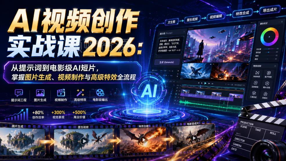 AI视频创作实战课2026：从提示词到电影级AI短片，掌握图片生成、视频制作与高级特效全流程