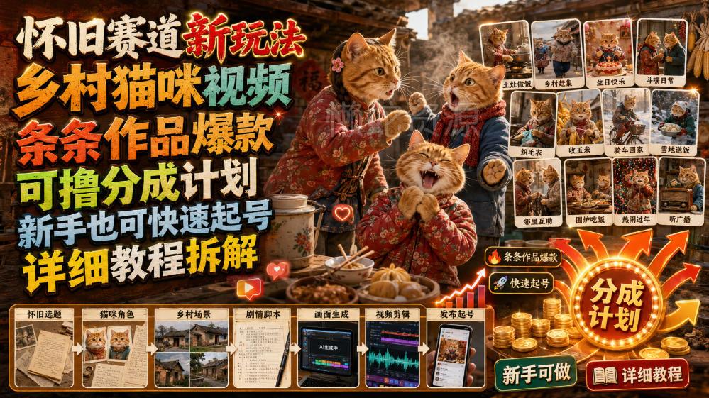 怀旧赛道新玩法，乡村猫咪视频，条条作品爆款，可撸分成计划，新手也可快速起号，详细教程拆解