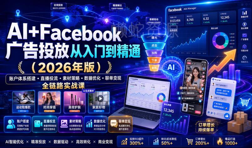 AI+Facebook广告投放从入门到精通（2026年版）｜账户体系搭建・直播投流・素材策略・数据优化・聊单变现全链路实战课