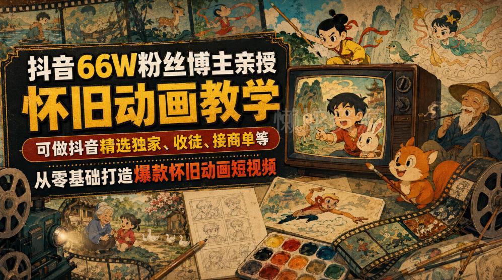 抖音66W粉丝博主亲授怀旧动画教学，可做抖音精选独家、收徒、接商单等，从零基础打造爆款怀旧动画短视频