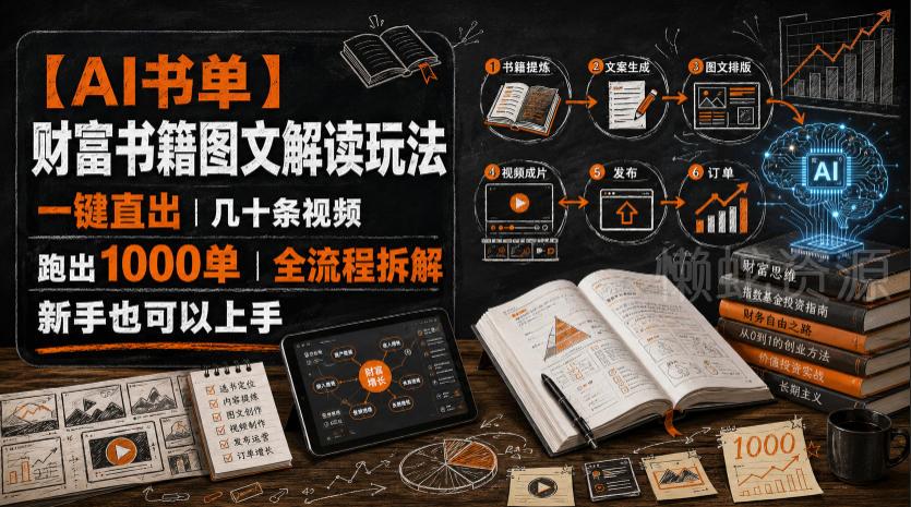 【AI书单】财富书籍图文解读玩法,一键直出,几十条视频,跑出1000单,全流程拆解,新手也可以上手