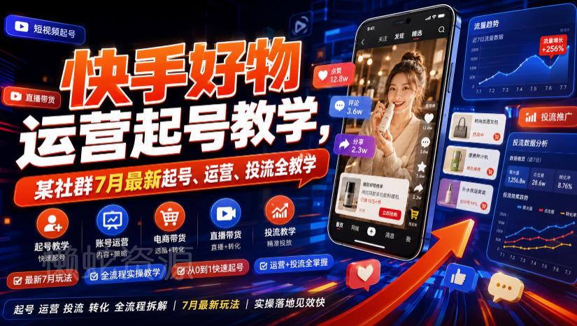 快手好物运营起号教学，某社群7月最新起号、运营、投流全教学