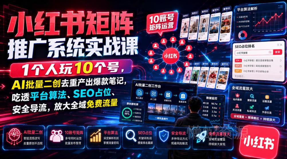 小红书矩阵推广系统实战课｜1个人玩10个号，AI批量二创去重产出爆款笔记，吃透平台算法、SEO占位、安全导流，放大全域免费流量
