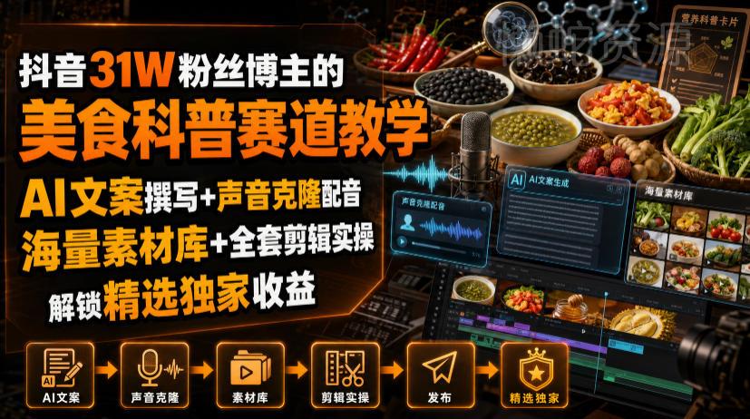 抖音31W粉丝博主的美食科普赛道教学，AI文案撰写+声音克隆配音+剪辑实操，解锁精选独家收益