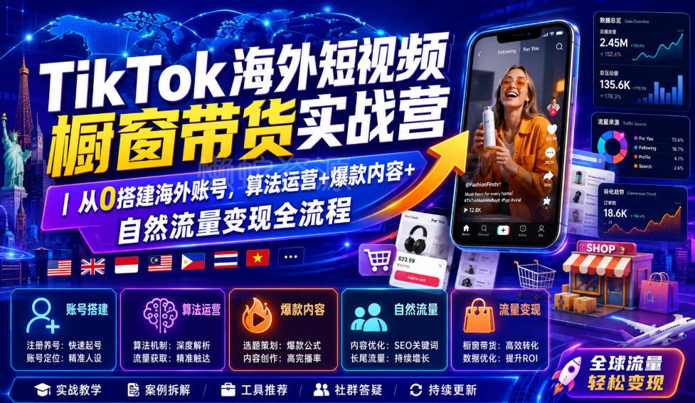 TikTok海外短视频橱窗带货实战营｜从0搭建海外账号，算法运营+爆款内容+自然流量变现全流程