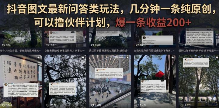 抖音图文最新问答类玩法,几分钟一条纯原创,可以撸伙伴计划,爆一条收益200+