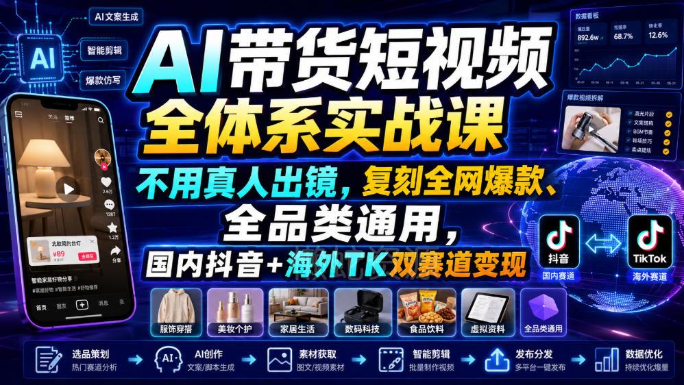 AI带货短视频全体系实战课,不用真人出镜,复刻全网爆款、全品类通用,国内抖音+海外TK双赛道变现