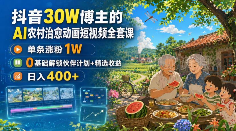 抖音30W博主的AI农村治愈动画短视频全套课|单条涨粉1W,0基础解锁伙伴计划+精选收益,日入400+