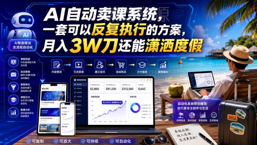 AI自动卖课系统,一套可以反复执行的方案,月入3W刀还能潇洒度假【原创双语字幕】