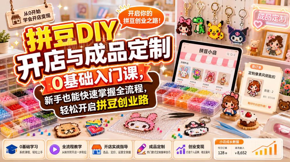拼豆DIY开店与成品定制0基础入门课，新手也能快速掌握全流程，轻松开启拼豆创业路
