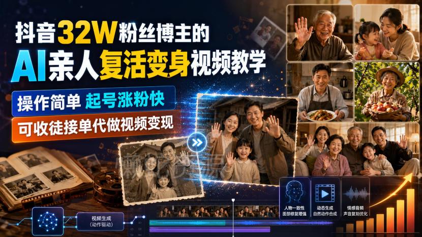 抖音32W粉丝博主的AI亲人复活变身视频教学,操作简单,起号涨粉快,可收徒接单代做视频变现