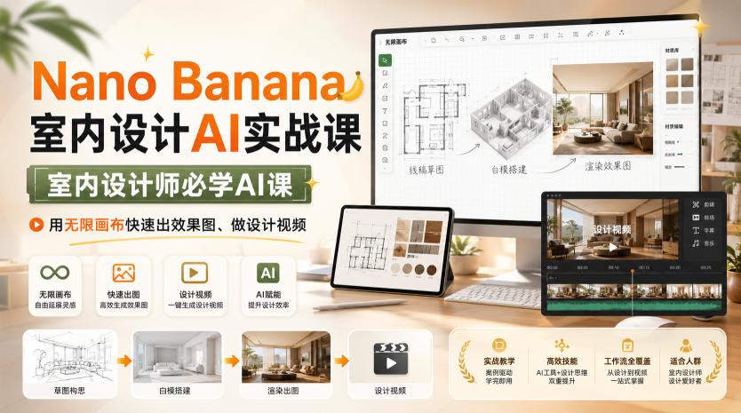 Nano Banana室内设计AI实战课，室内设计师必学AI课，用无限画布快速出效果图、做设计视频