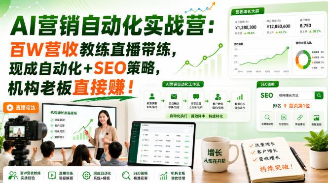 AI营销自动化实战营:百W营收教练直播带练,现成自动化+SEO策略,机构老板直接賺!【原创双语字幕】
