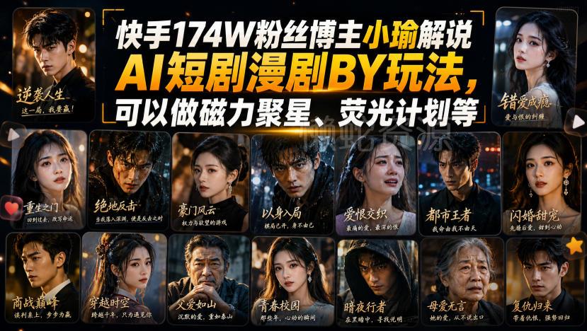 快手174W粉丝博主小瑜解说AI短剧漫剧搬运玩法,可以做磁力聚星、荧光计划等