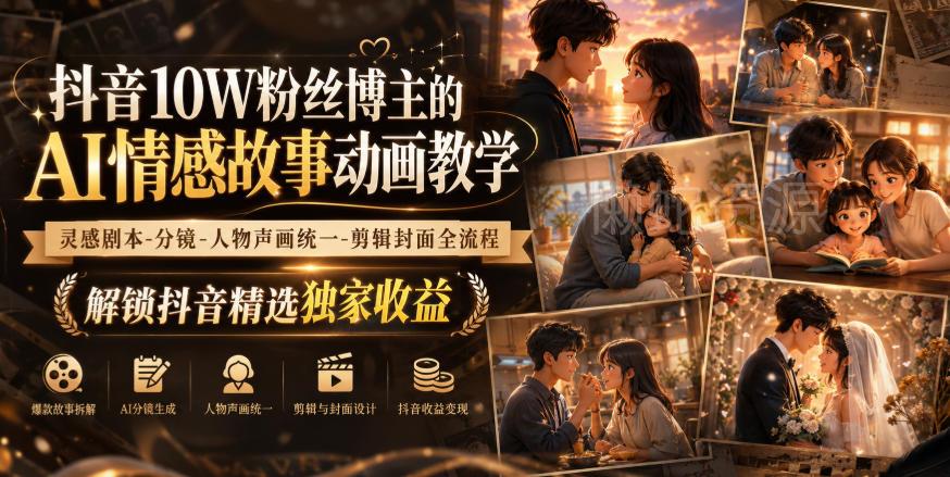 抖音10W粉丝博主的AI情感故事动画教学，灵感剧本‑分镜‑人物声画统一‑剪辑封面全流程，解锁抖音精选独家收益