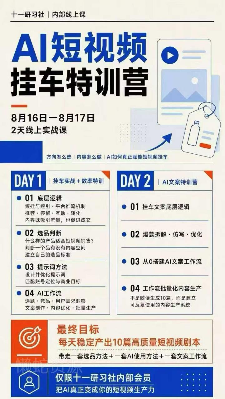 某社群8月16-17号线上课，AI短视频挂车特训营+AI文案特训，把AI真正变成你的短视频生产力