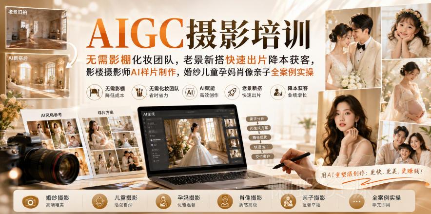 AIGC摄影培训|无需影棚化妆团队,老景新搭快速出片降本获客,影楼摄影师AI样片制作,婚纱儿童孕妈肖像亲子全案例实操