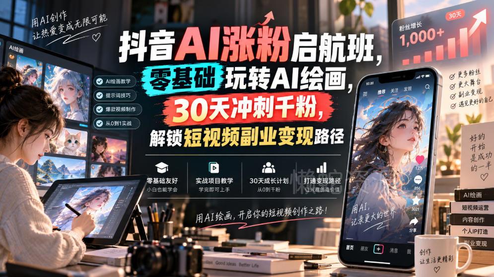 抖音AI涨粉启航班,零基础玩转AI绘画,30天冲刺千粉,解锁短视频副业变现路径