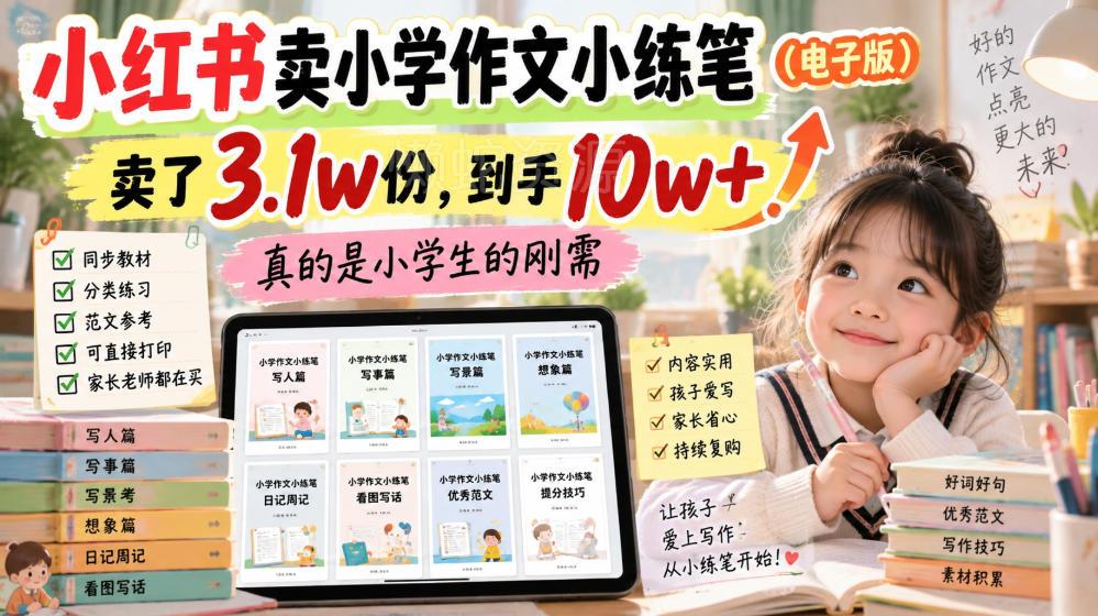 小红书卖小学作文小练笔（电子版），卖了3.1w份，到手10w+，真的是小学生的刚需