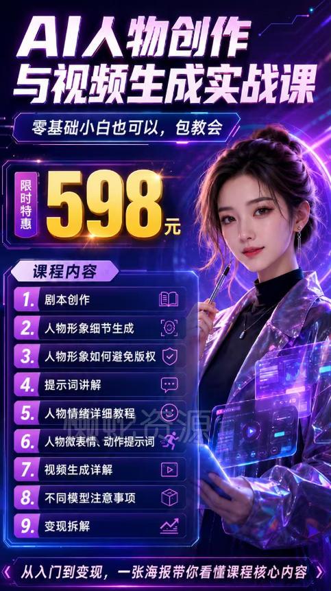 抖音5W粉丝博主的AI真人日系女孩制作教学,AI人物创作与视频生成实战课,新手也能快速起号涨粉变现