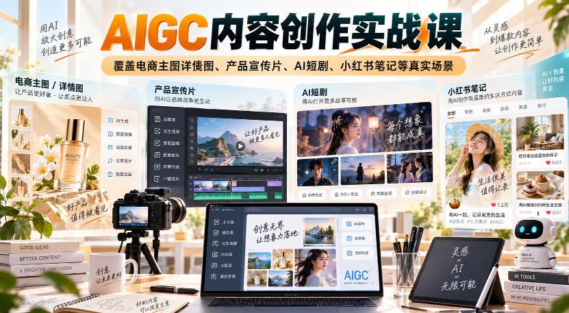 AIGC内容创作实战课,覆盖电商主图详情图、产品宣传片、AI短剧、小红书笔记等真实场景