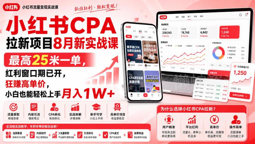 小红书CPA拉新项目8月新实战课,最高25米一单,红利窗口期已开,狂賺高单价,小白也能轻松上手月入1W+(更新0911)