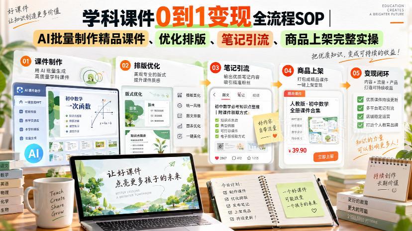 学科课件0到1变现全流程SOP|AI批量制作精品课件、优化排版、笔记引流、商品上架完整实操