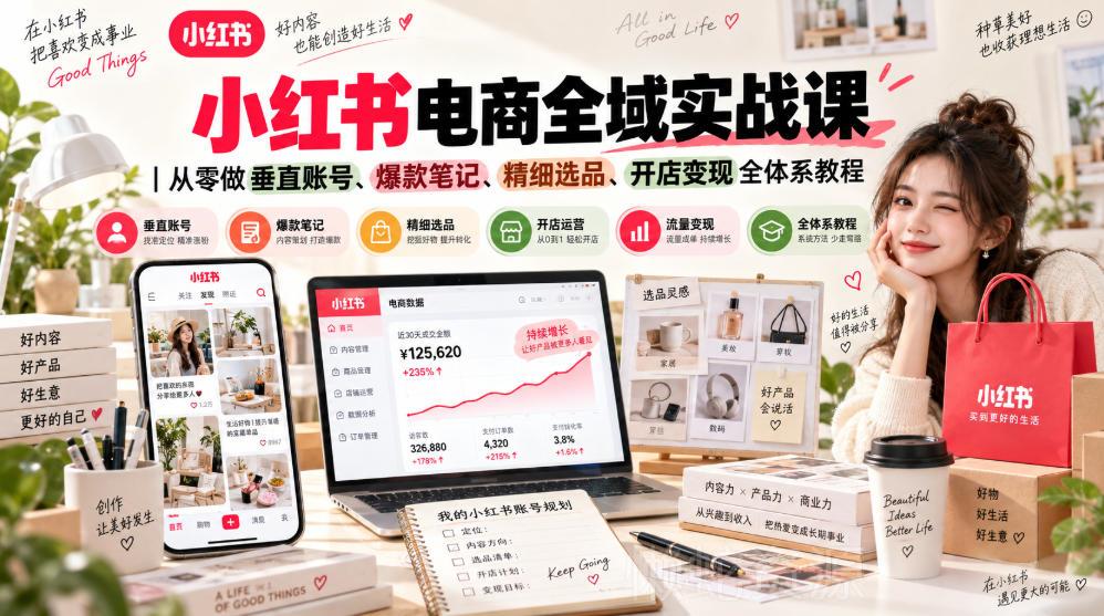 小红书电商全域实战课|从零做垂直账号、爆款笔记、精细选品、开店变现全体系教程