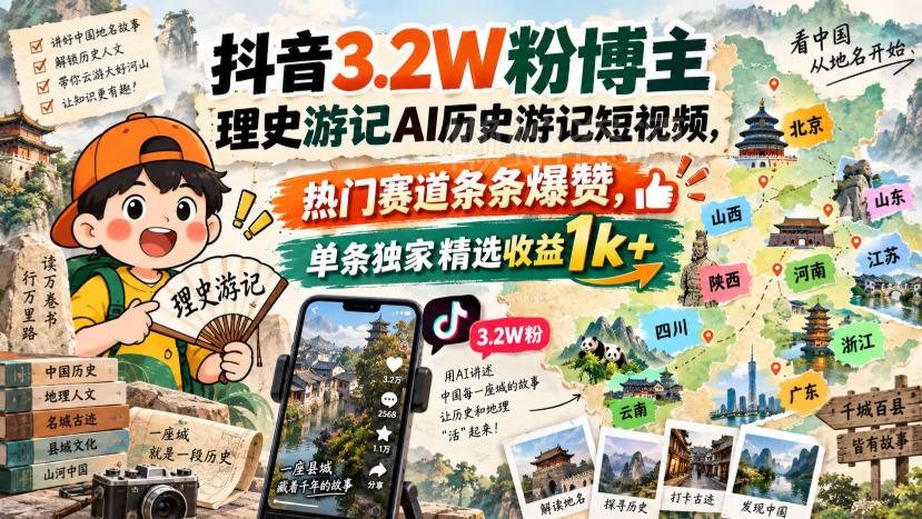 抖音3.2W粉博主理史游记AI历史游记短视频教学,热门赛道条条爆赞,单条独家精选收益1k+