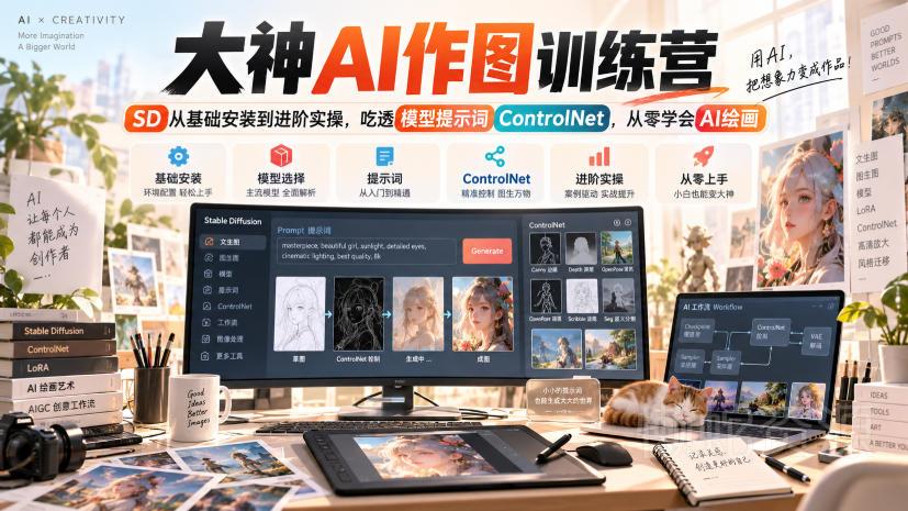 大神AI作图训练营,SD从基础安装到进阶实操,吃透模型提示词ControlNet,从零学会AI绘画