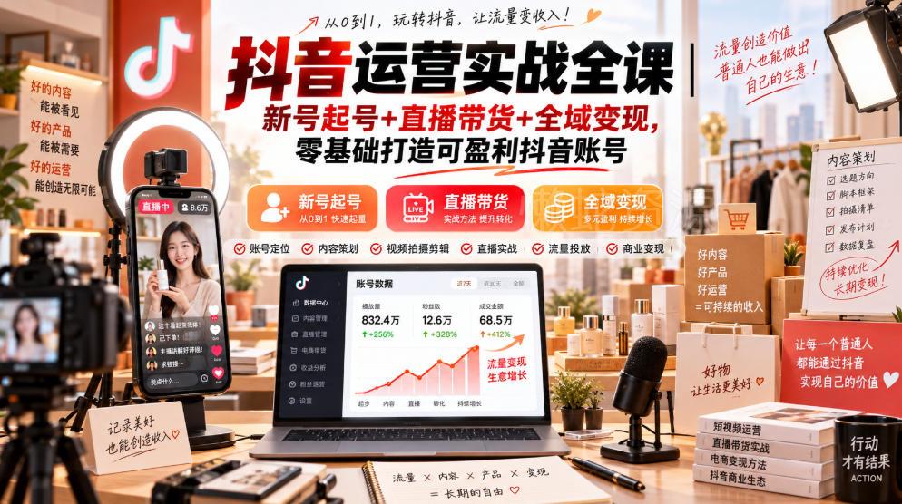 抖音运营实战全课|新号起号+直播带货+全域变现,零基础打造可盈利抖音账号