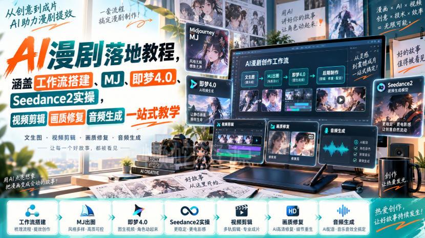 AI漫剧落地教程,涵盖工作流搭建、MJ、即梦4.0、Seedance2实操,视频剪辑画质修复音频生成一站式教学