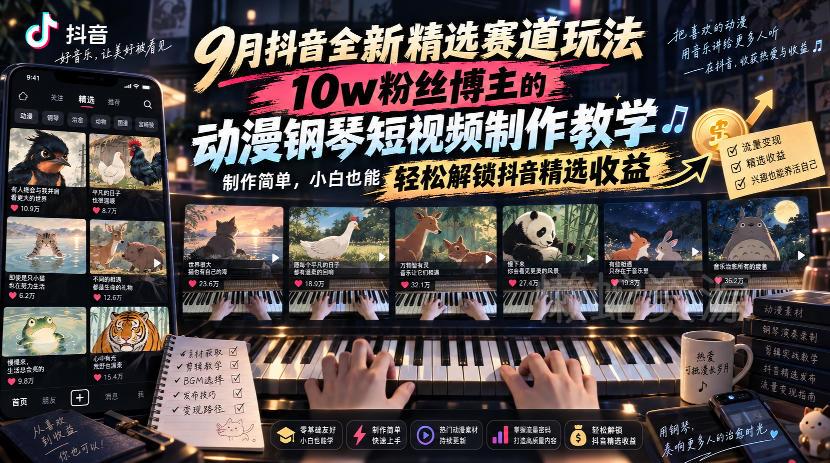 9月抖音全新精选赛道玩法,10w粉丝博主的动漫钢琴短视频制作教学,制作简单,小白也能轻松解锁抖音精选收益
