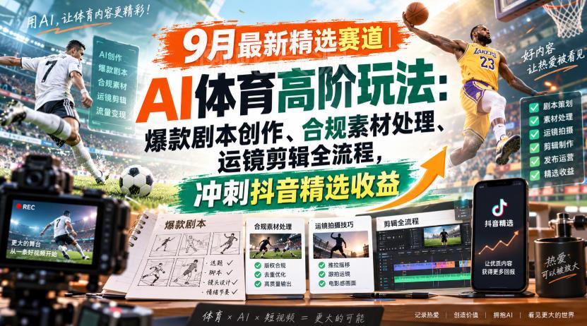 某大佬的9月最新精选赛道之AI体育顶级玩法,爆款剧本创作、版权规避、运镜剪辑全流程,稳拿抖音精选收益