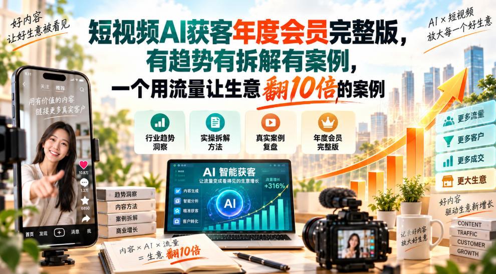 短视频AI获客年度会员完整版,有趋势有拆解有案例,一个用流量让生意翻10倍的案例