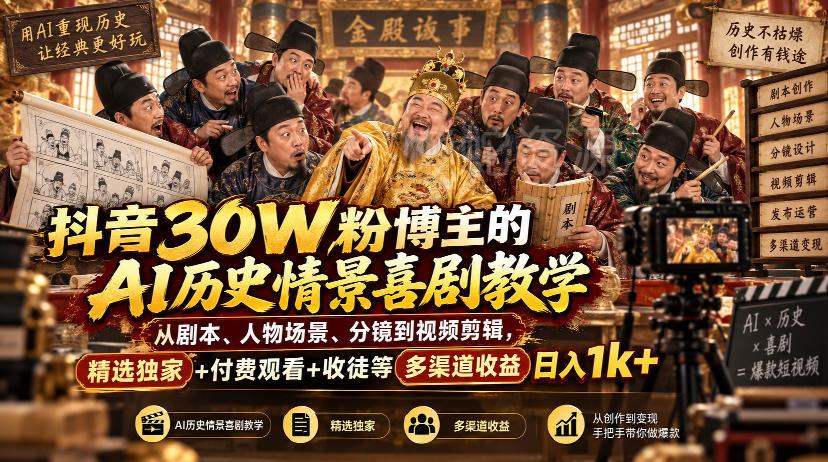 抖音30W粉博主的AI历史情景喜剧教学,从剧本、人物场景、分镜到视频剪辑,精选独家+付费观看+收徒等多渠道收益日入1k+