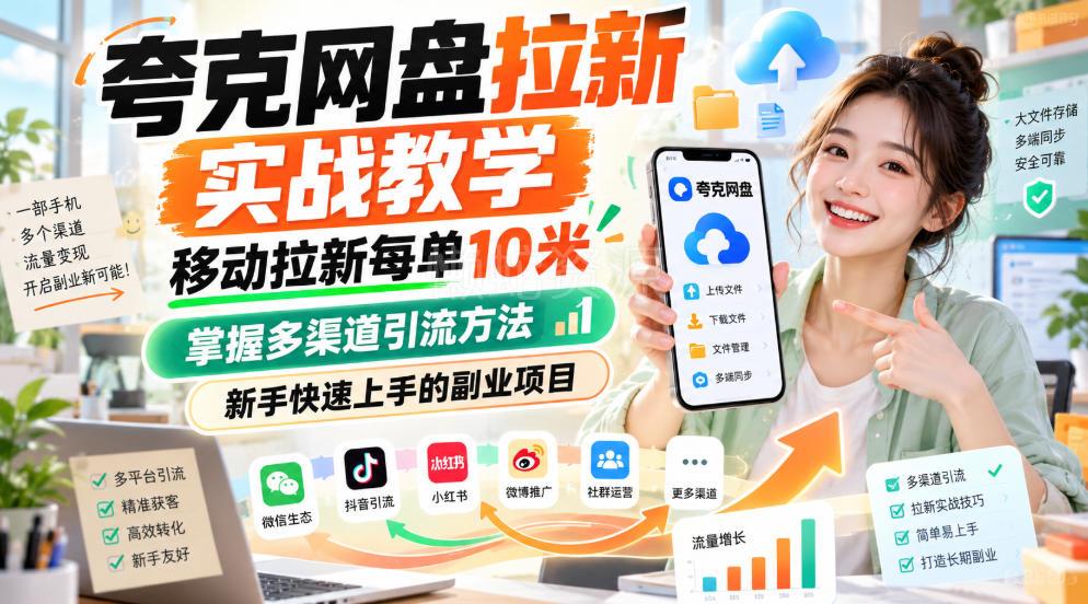 夸克网盘拉新实战教学,移动拉新每单10米,掌握多渠道引流方法,新手快速上手的副业项目