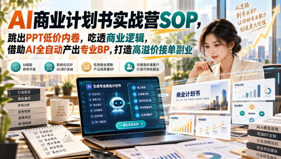 【无水印】AI商业计划书实战营SOP,跳出PPT低价内卷,吃透商业逻辑,借助AI全自动产出专业BP,打造高溢价接单副业