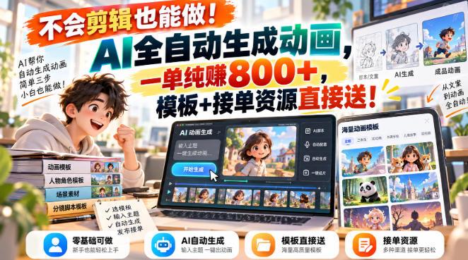 不会剪辑也能做!AI全自动生成动画,一单纯賺800+,模板+接单资源直接送!【揭秘】