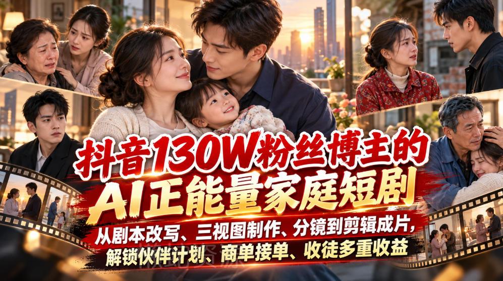 抖音130W粉丝博主的AI正能量家庭短剧,从剧本改写、三视图制作、分镜到剪辑成片,解锁伙伴计划、商单接单、收徒多重收益