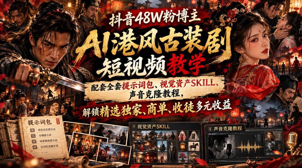 抖音48W粉博主AI港风古装剧短视频教学,配套全套提示词包、视觉资产SKILL、声音克隆教程,解锁精选独家、商单、收徒多元收益