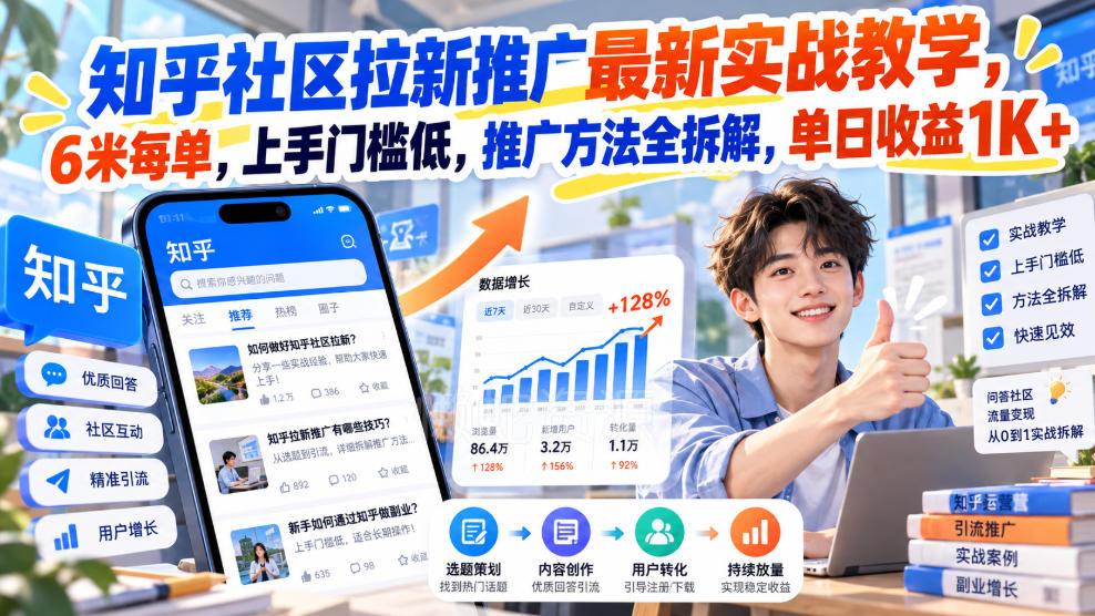 知乎社区拉新推广最新实战教学,6米每单,上手门槛低,推广方法全拆解,单日收益1K+!