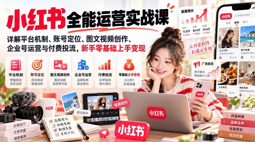 小红书全能运营实战课,详解平台机制、账号定位、图文视频创作、企业号运营与付费投流,新手零基础上手变现