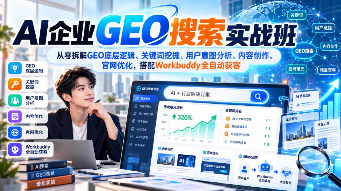 AI企业GEO搜索实战班,从零拆解GEO底层逻辑、关键词挖掘、用户意图分析、内容创作、官网优化,搭配Workbuddy全自动获客
