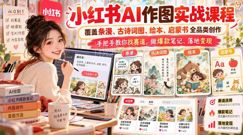 小红书AI作图实战课程,覆盖条漫、古诗词图、绘本、启蒙书全品类创作,手把手教你找赛道、做爆款笔记、落地变现